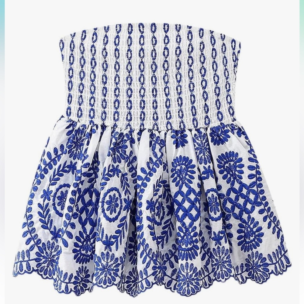 Blue and White Embroidered Women's Top